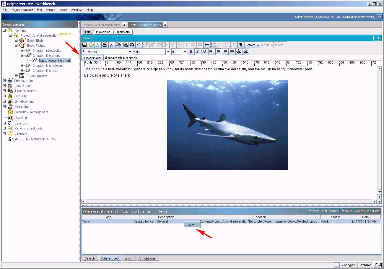Authoring Requesting a hyperlink target's whereused list